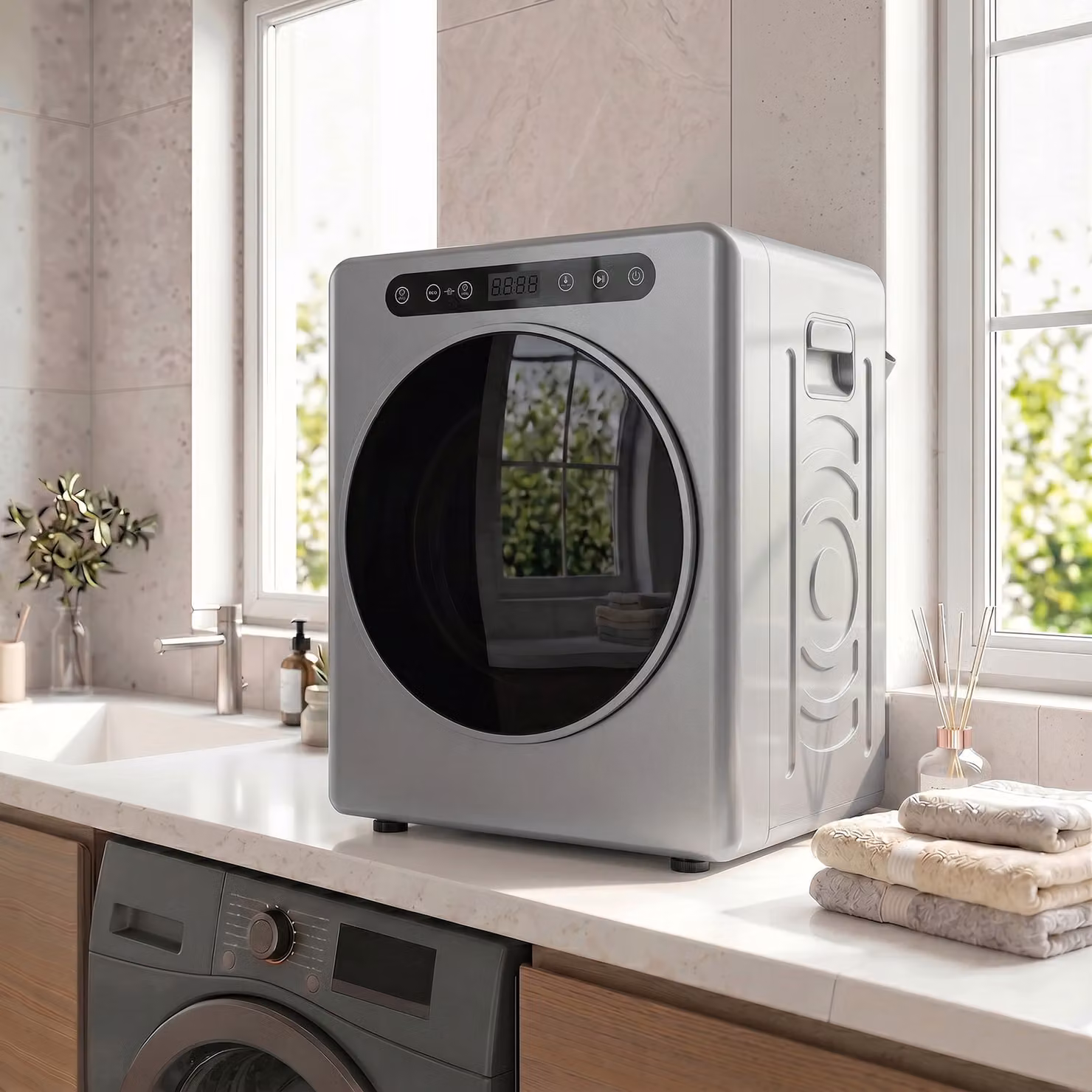 HOMCOM 5kg Compact Front Loader Tumble Dryer with Reversible Drum and Child Lock, Silver Tone – 2