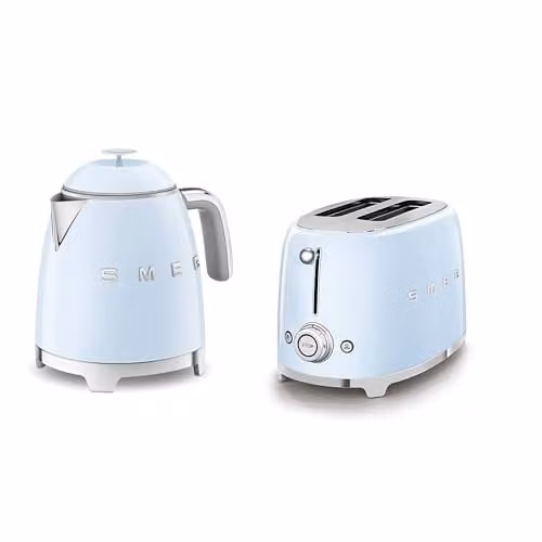 Smeg 50s Style Retro Range Breakfast Set in Pastel Blue, including 0.8l 1400W Mini Kettle and 2-Slice 950W Toaster
