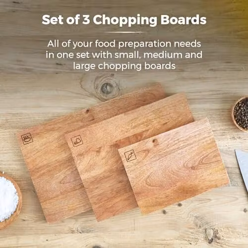 Tower Set of 3 Rectangular Mango Wood Chopping Boards in Brown for Food Preparation and Serving – 2