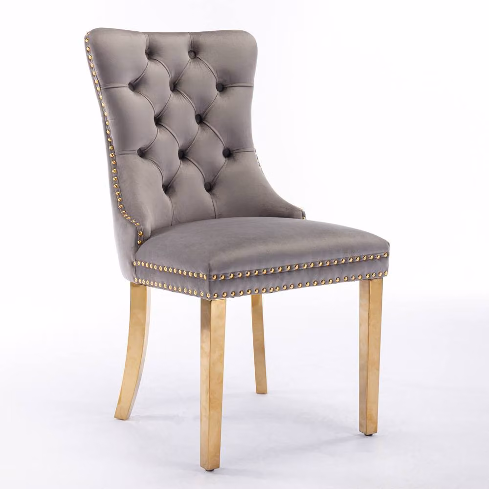 HomeTouch Set of 6 Lux Velvet Dining Chairs in Grey with Gold Steel Legs – 3