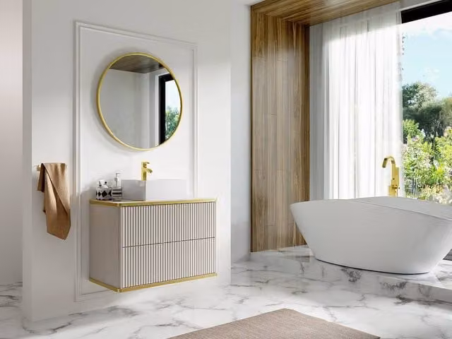 Vente-unique Wall-Mounted Striped Bathroom Vanity Unit with Gold Trim in Beige and White, W/D/H: 80 x 47 x 54 cm – 1