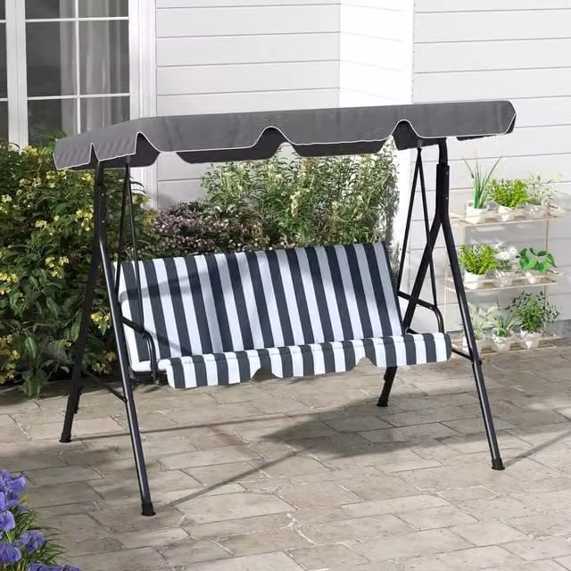 Chilli Seating 3 Seat Adjustable Garden Swing Seat with Sun Canopy and Cushions in Grey and Black