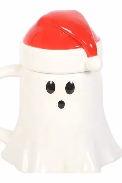 KDMD Ghost Shaped Ceramic Mug with Santa Hat Lid in White, 500 ml – 2