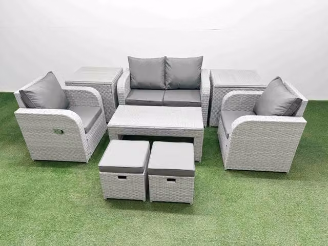 Fimous 6 Seater Light Grey PE Wicker Rattan Garden Furniture Set with Upholstered Cushions, Reclining Chairs, Oblong Coffee Table, 2 Small Stools and 2 Side Tables