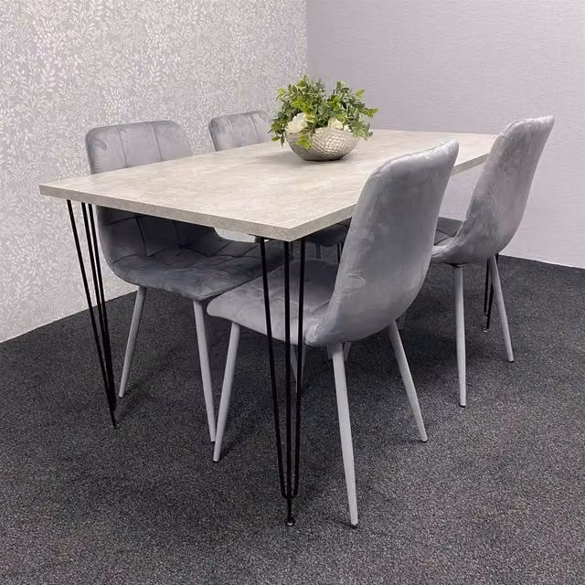 Kosy Koala Modern Dining Set with 4 Grey Velvet Chairs and Brown Rectangular Table