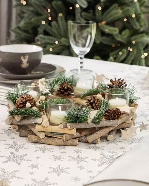 Dibor Set of 2 Nordic Wreath Tealight Candle Holders in Natural Wood, Diameter: 30 cm