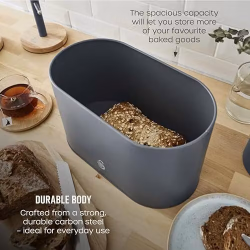 Swan Nordic Scandi Bread Bin with Bamboo Cutting Board Lid, Grey, Metal and Bamboo, W/D/H: 34.5 x 18.5 x 16.5 cm – 4