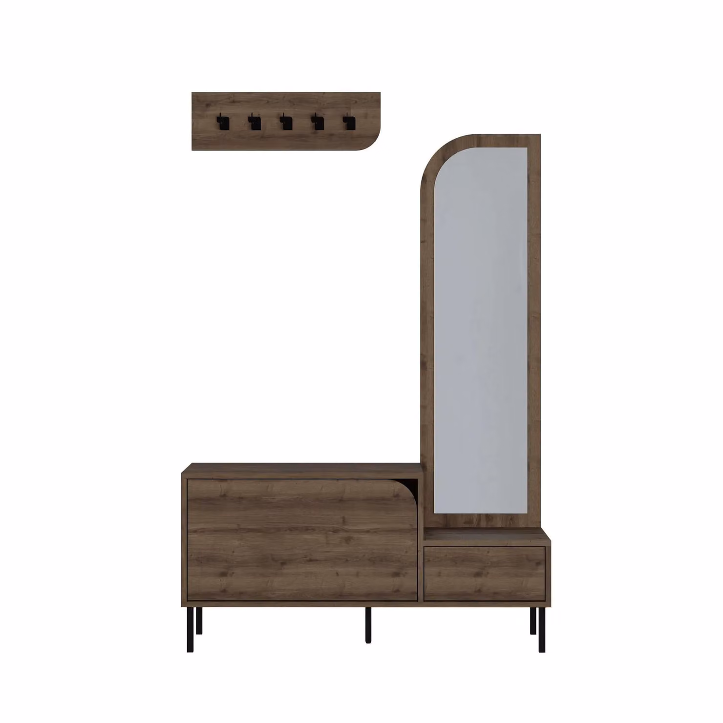 Decortie Mila Hall Tree Set with Full-Length Mirror, Shoe Cabinet and 5 Hooks, Brown, H 172 x W 112 x D 37 cm – 2