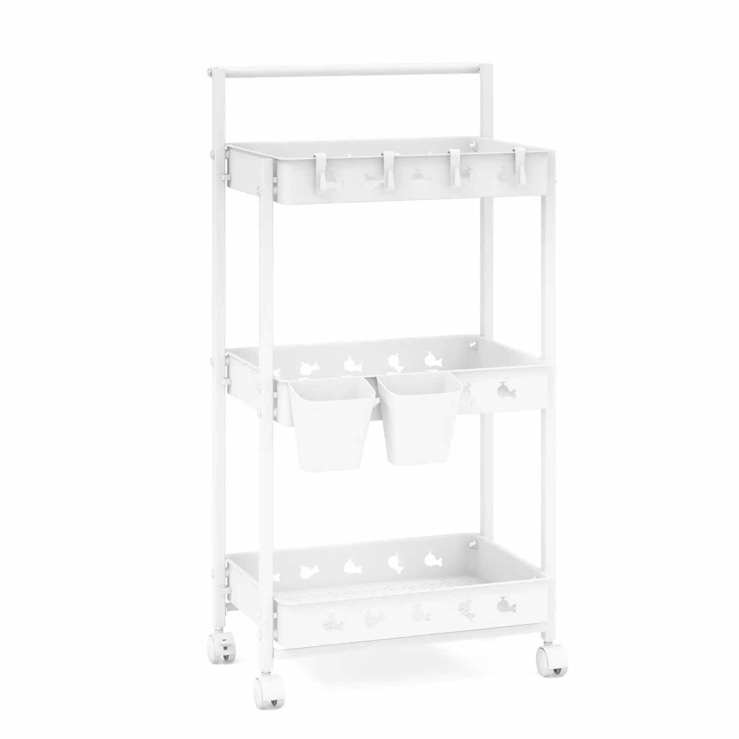 Costway 3-Tier Rolling Storage Cart with 2 Hanging Cups, White – 2