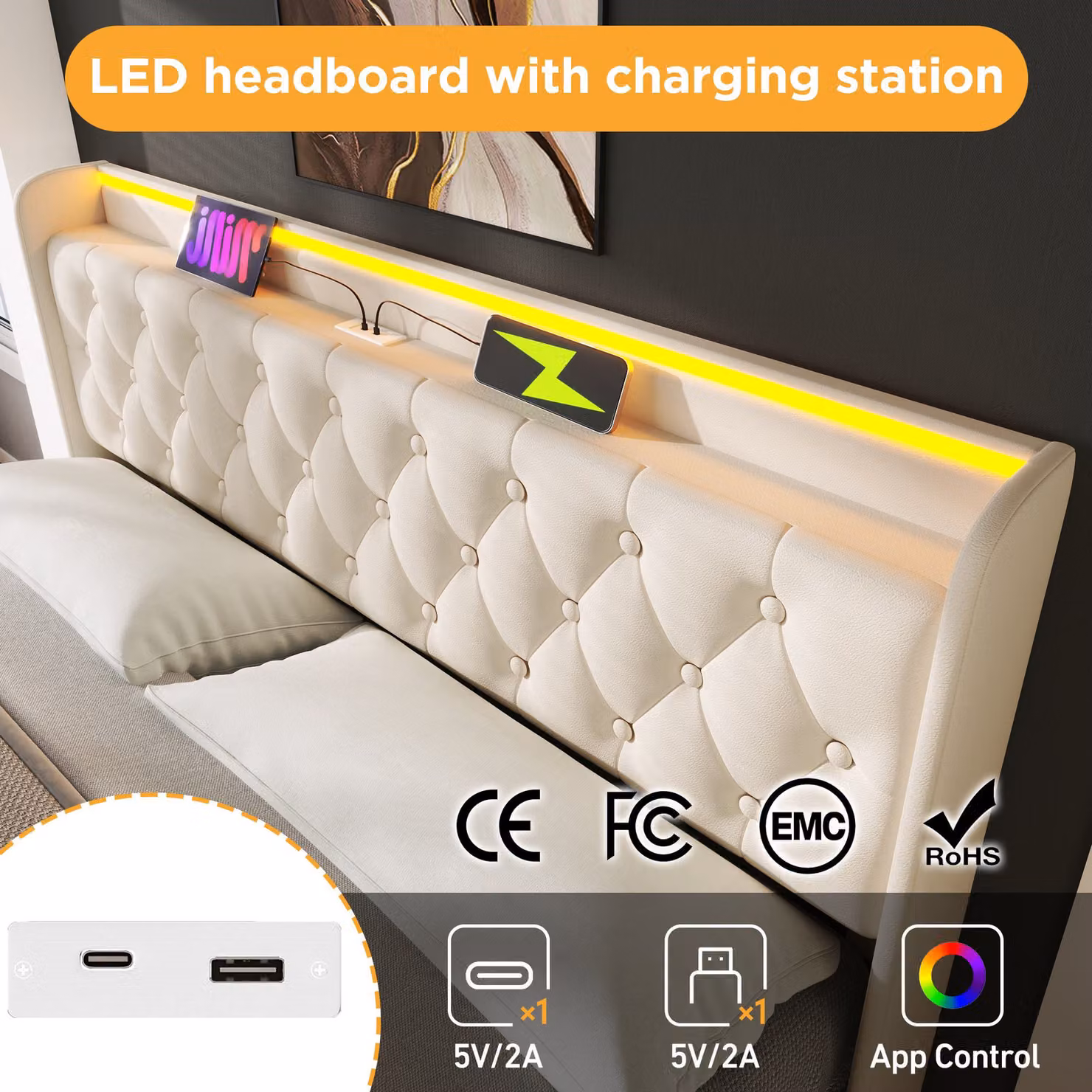 Aosom UK Upholstered Double Ottoman Bed Frame in White with LED Lighting, USB Charging Port and Hydraulic Storage, W/D/H: 148 x 206 x 104 cm – 4
