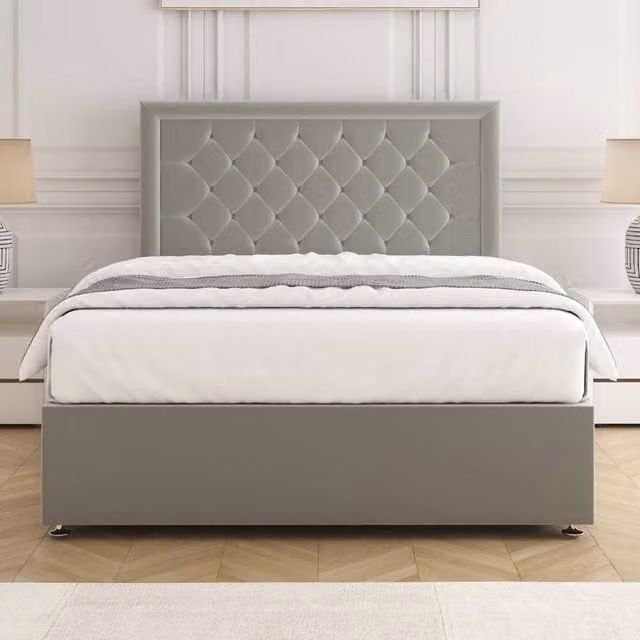 BSSPOKE Nova Super King Plush Velvet Divan Bed Set with 24 inch Headboard and Mattress in Silver