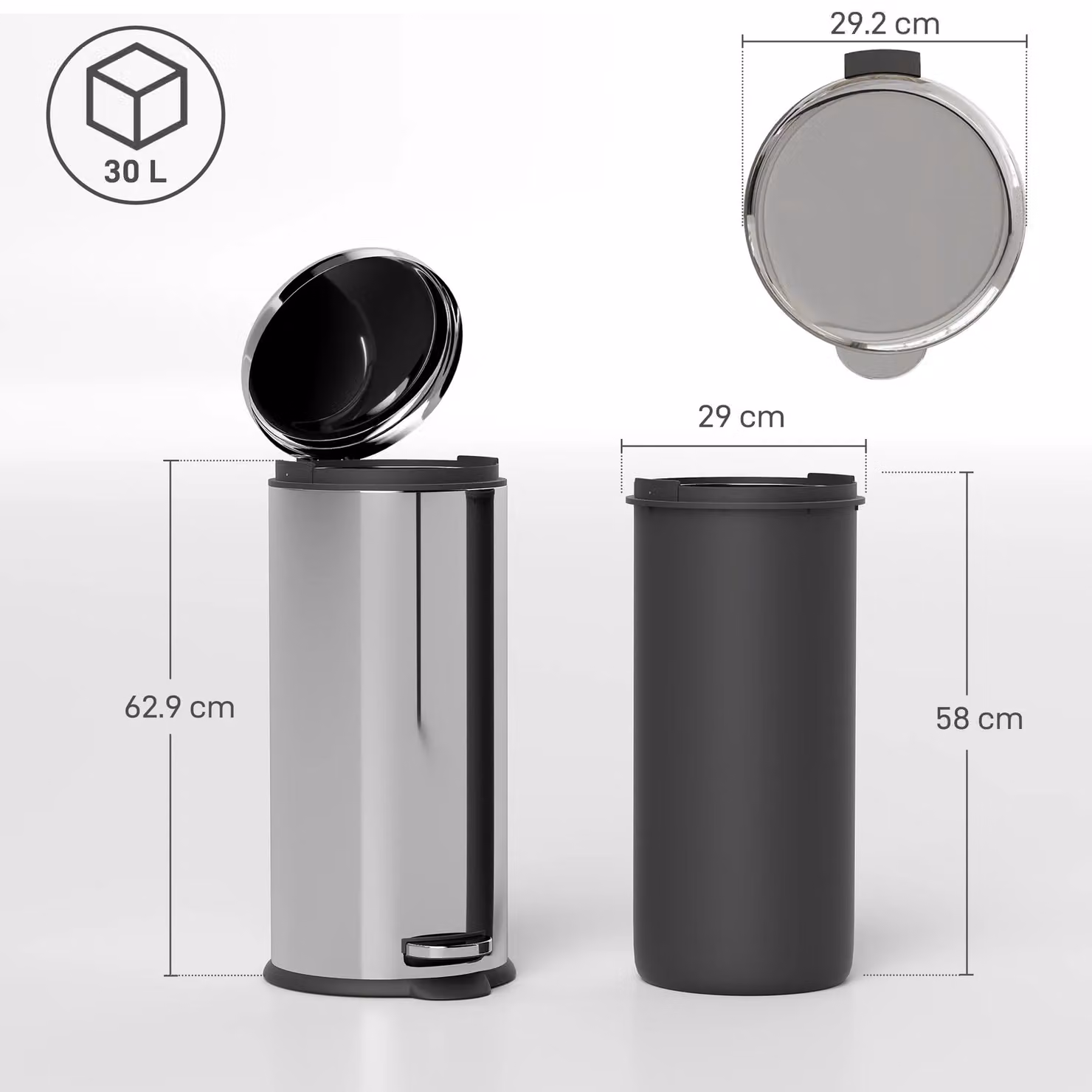 HOMCOM Stainless Steel Foot Pedal Kitchen Bin in Silver with Soft Close and Removable Inner Bucket – 3