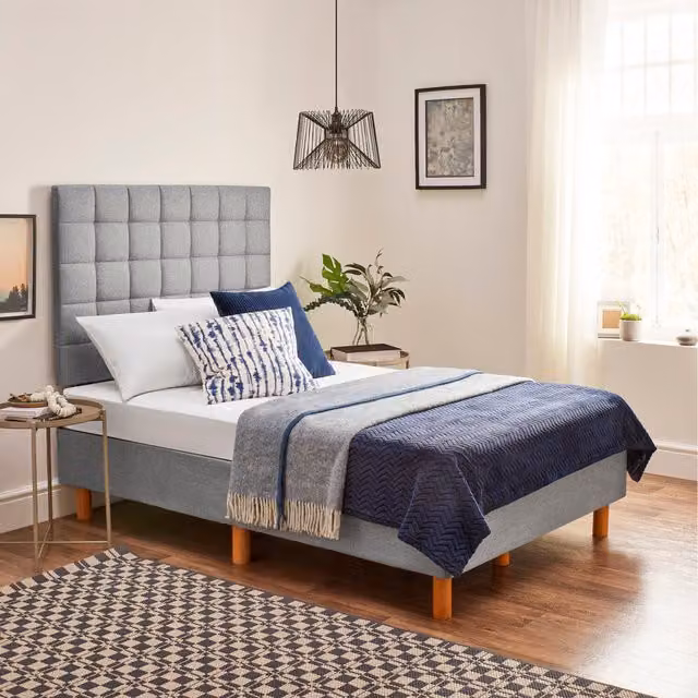 Home Treats Modern Grey Fabric Divan Bed with Headboard and Mattress, W/D/H: 140 x 200 cm