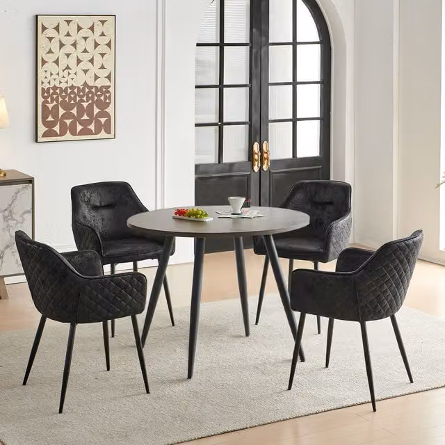 SONARA Dark Walnut Round Dining Table and 4 Black Faux Suede Dining Chairs Set