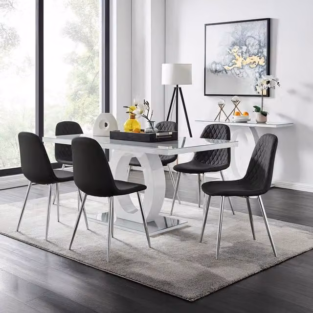 FurnitureboxUK Giovani Grey Dining Table with Six Corona Silver Leg Chairs in Black and Silver