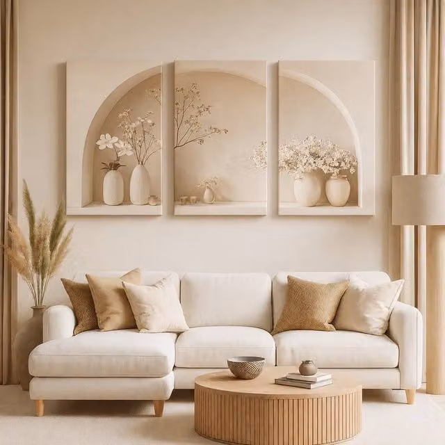 Mafett Set of 3 Modern Minimalist Floral Canvas Wall Art in Beige and White, W60.96 cm x H81.28 cm