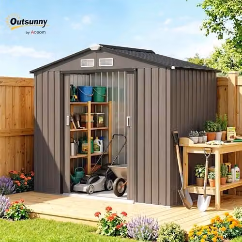 Outsunny Brown Galvanised Steel Pent Garden Storage Shed with Lockable Sliding Door and Side Vents – 9