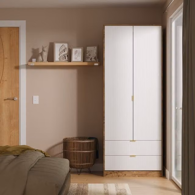 Ready Assembled Bexley 2 Door 2 Drawer Wardrobe in White and Gold with Striped Details