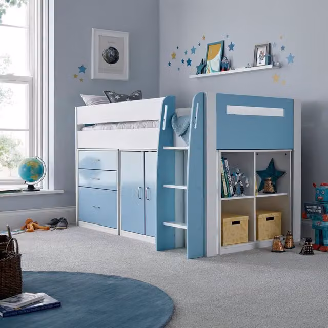 Bedmaster Lacy Blue Mid Sleeper Bed with Storage Drawers and Mattress