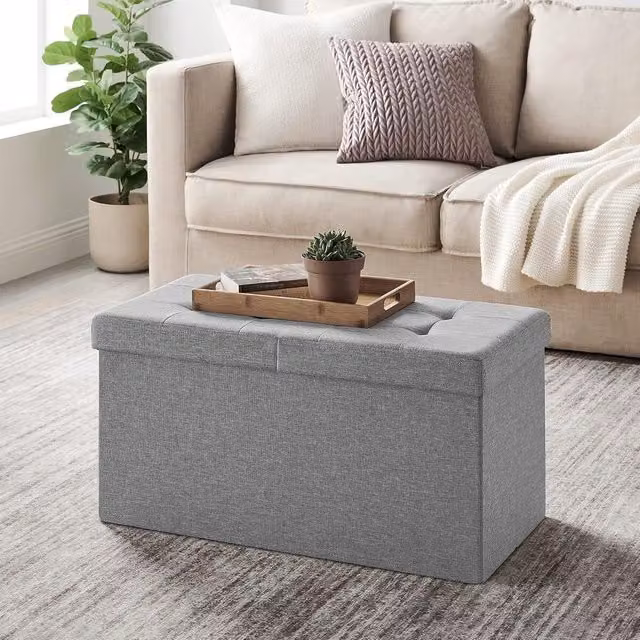 SONGMICS Medium Foldable Storage Bench Ottoman with Flipping Lid in Light Grey