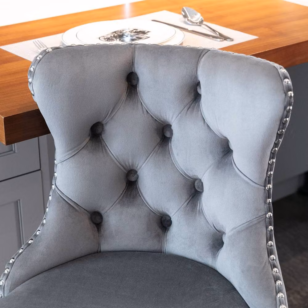 Modern Home Touch Set of 2 Grey Velvet Adjustable Swivel Bar Stools with Chrome Base – 3