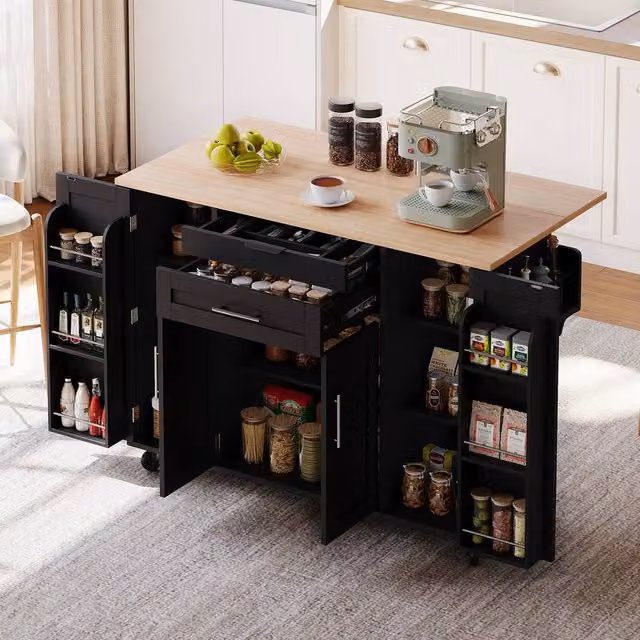 Rolipo Rolling Kitchen Island with Drop Leaf and Storage Cabinets in Black – 1