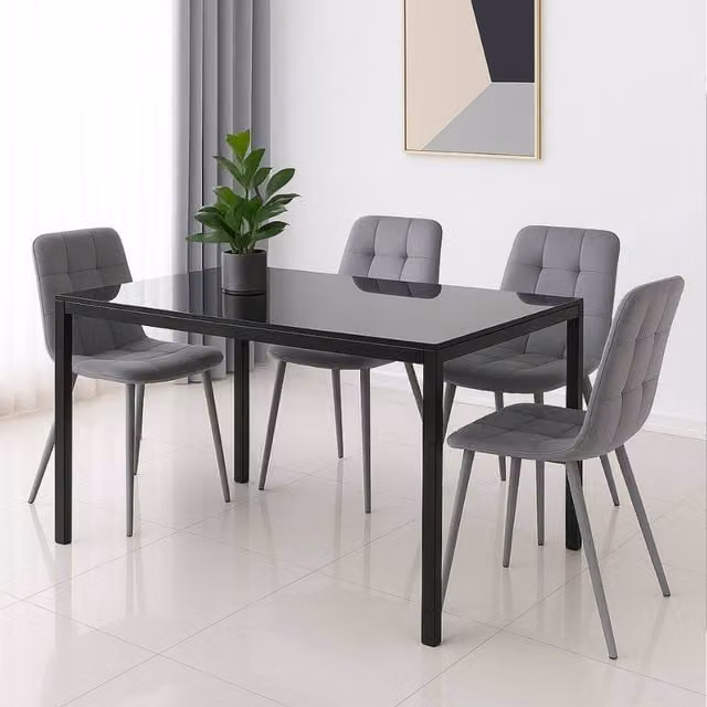 KOSY KOALA Modern Black Glass Dining Table Set with 4 Grey Velvet Chairs, W/D/H: 120 x 70 x 75 cm