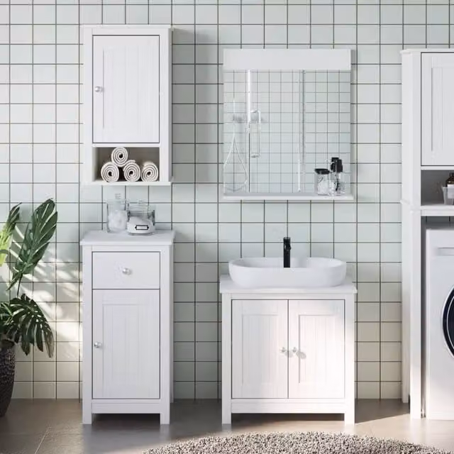 Berkfield Home BERG 4 Piece White Rustic Solid Wood Pine Bathroom Furniture Set – 1