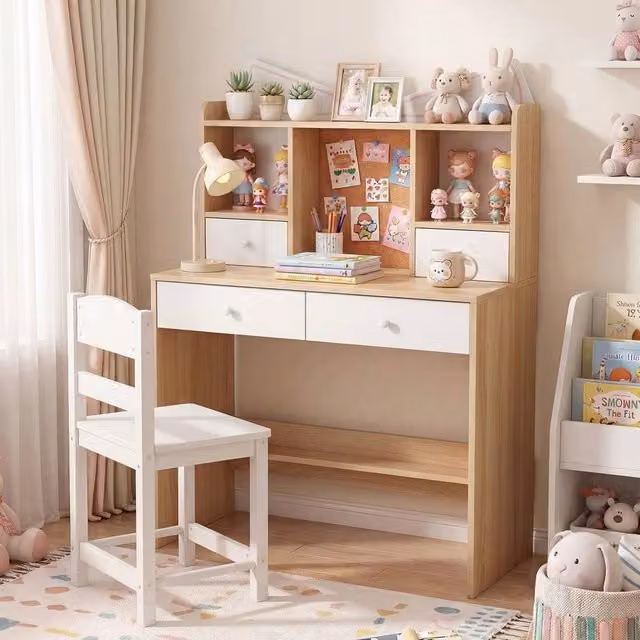 SPETLEK Scandinavian Study Desk and Chair Set in Natural Wood and White MDF
