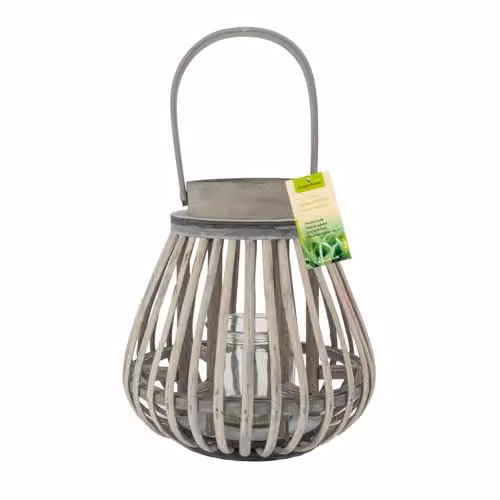 JVL Luna Set of 2 Natural Bulb Shaped Willow Wood Lanterns with Wooden Handles, Grey Wash