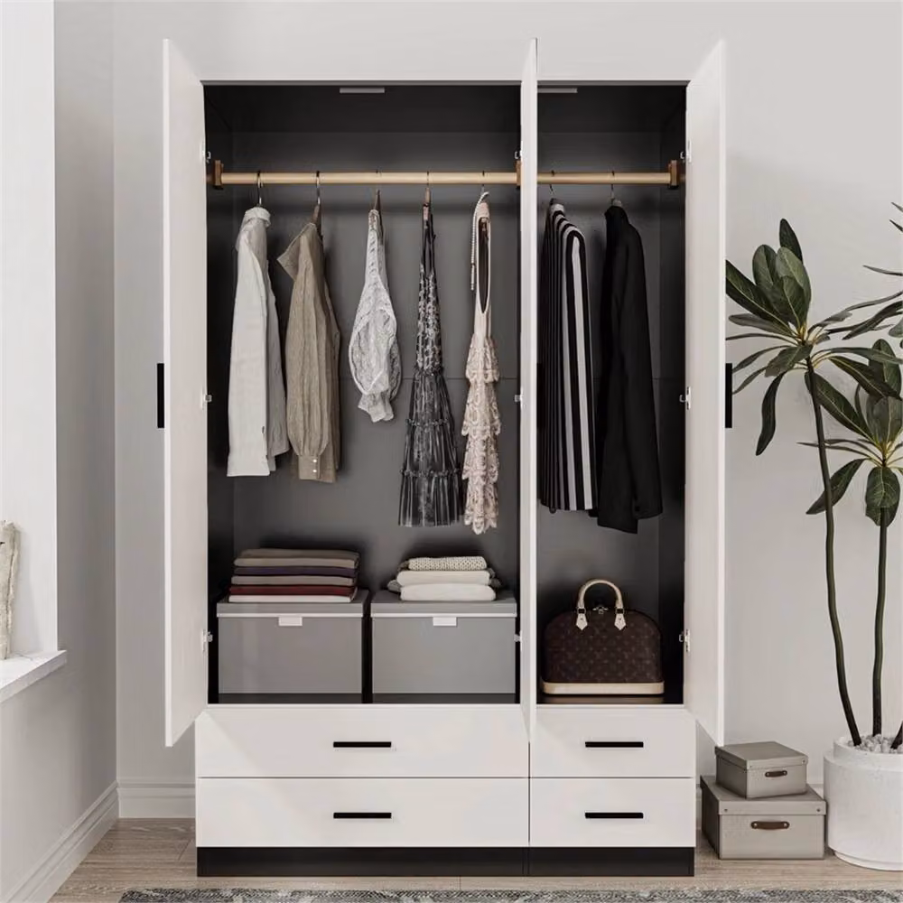 FORGEVIO Modern 3 Door 4 Drawer Wardrobe in Black and White with Integrated Drawers and Hanging Rod – 3