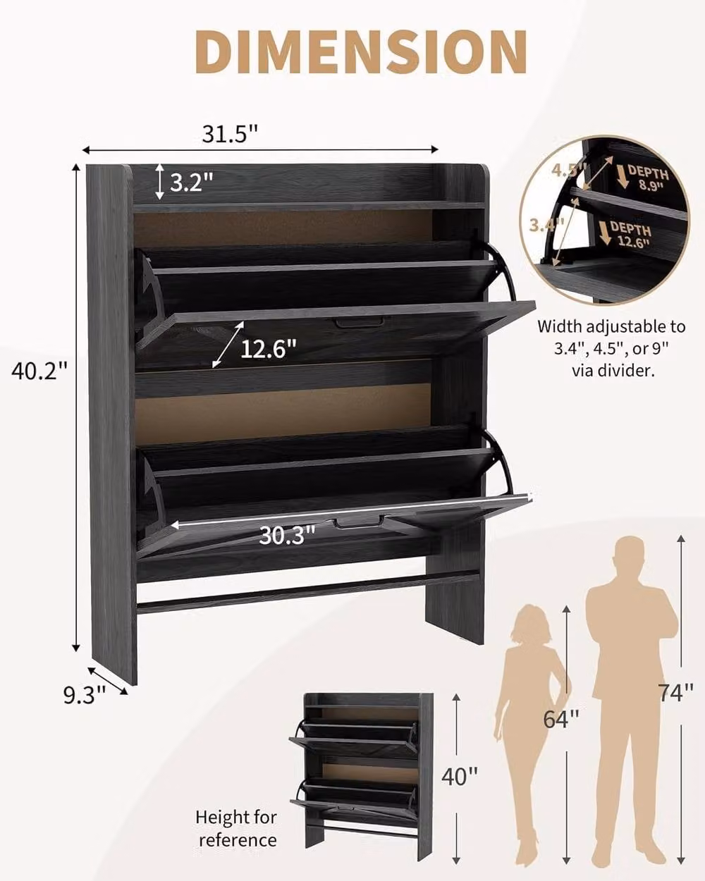 London Boutique Slim Shoe Storage Cabinet with 2 Tilting Drawers in Dark Grey – 2