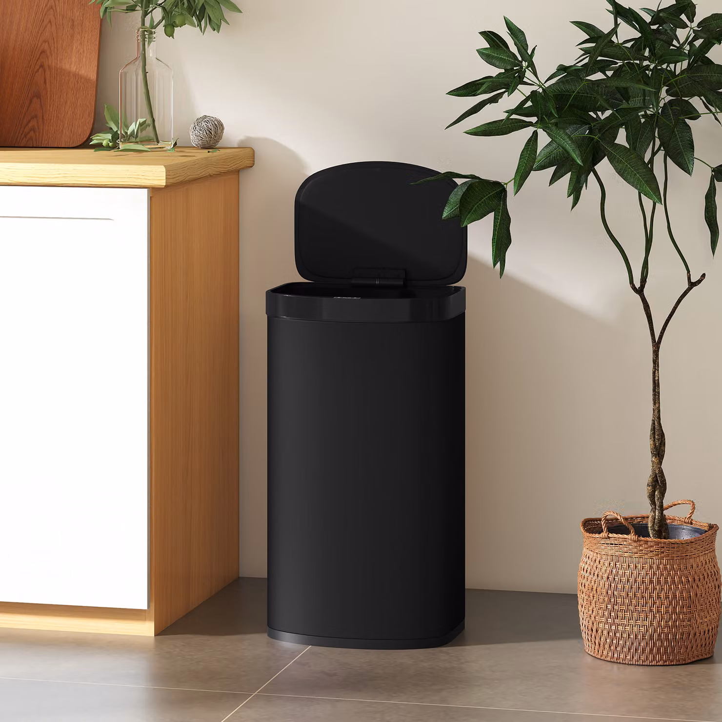 HOMCOM 55L Sensor Bin with Soft-Close Lid and Fingerprint Resistant Stainless Steel in Black – 6