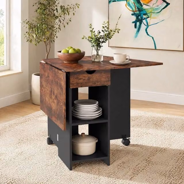 STILVORA Rustic Brown Drop Leaf Dining Table with Storage – 1