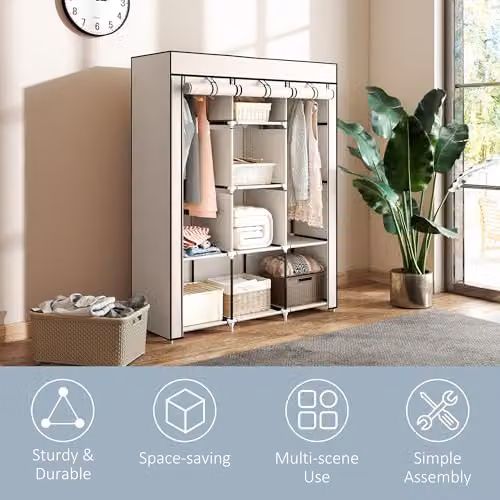 HOMCOM White Fabric Wardrobe with Internal Shelves and Hanging Rod, W/D/H: 125 x 43 x 162.5 cm – 3
