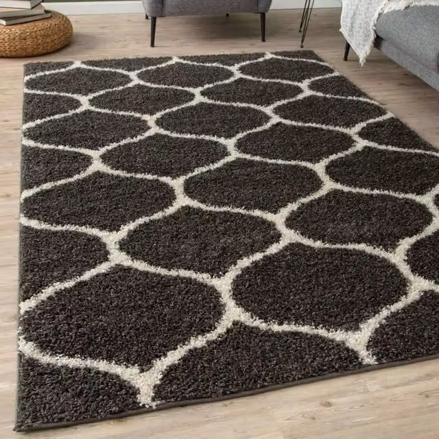 THE RUGS Soft Trellis Moroccan Shaggy Rug in Dark Grey, W: 160 cm, D: 230 cm
