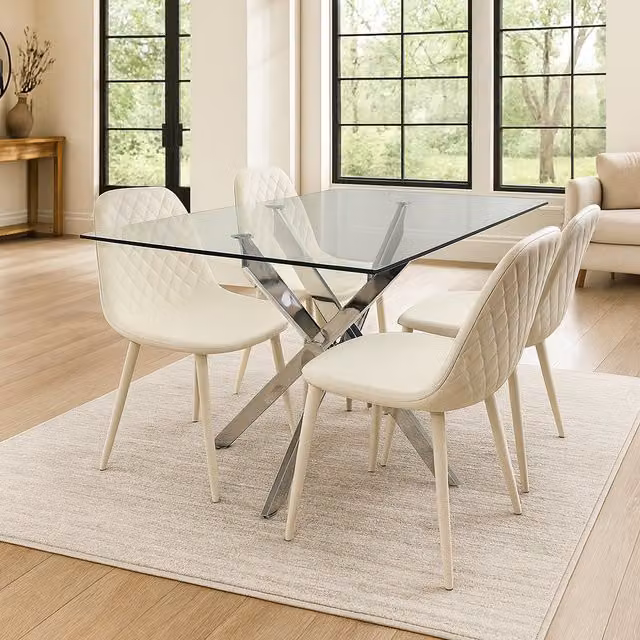 Kosy Koala Modern Rectangular Glass Dining Table with 4 White Chairs