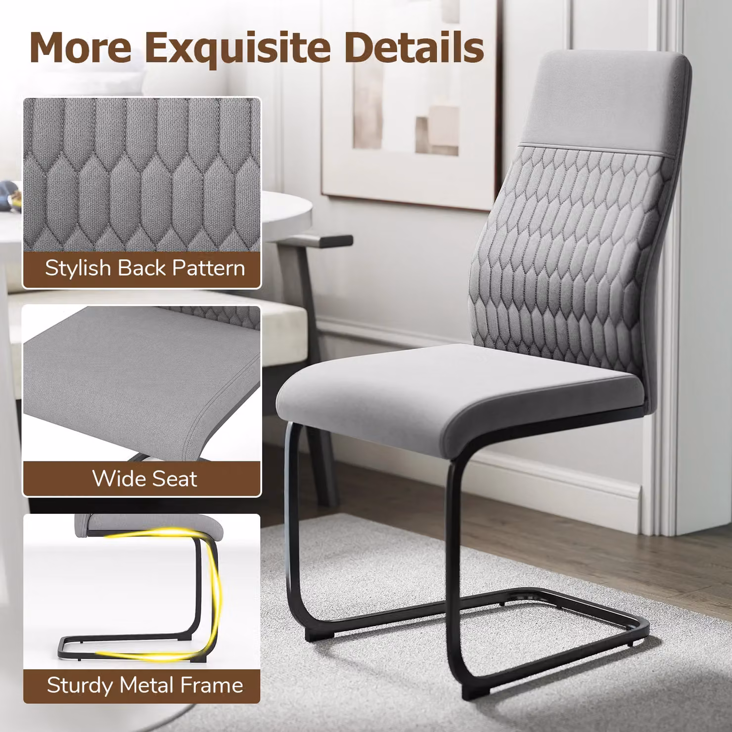 Gymax Set of 4 Modern Grey Fabric Dining Chairs with High Tilt Backrest and Metal Cantilever Base – 3
