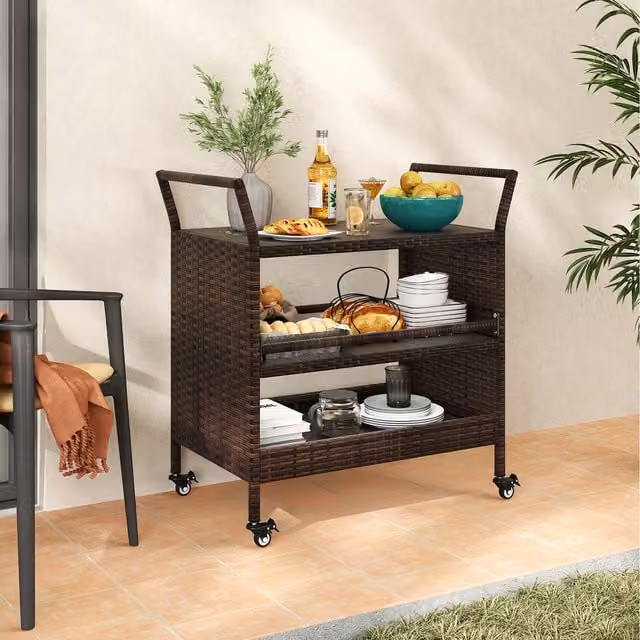 COSTWAY 3-Tier Modern Rolling Kitchen Storage Shelf with Rattan Detail in Brown