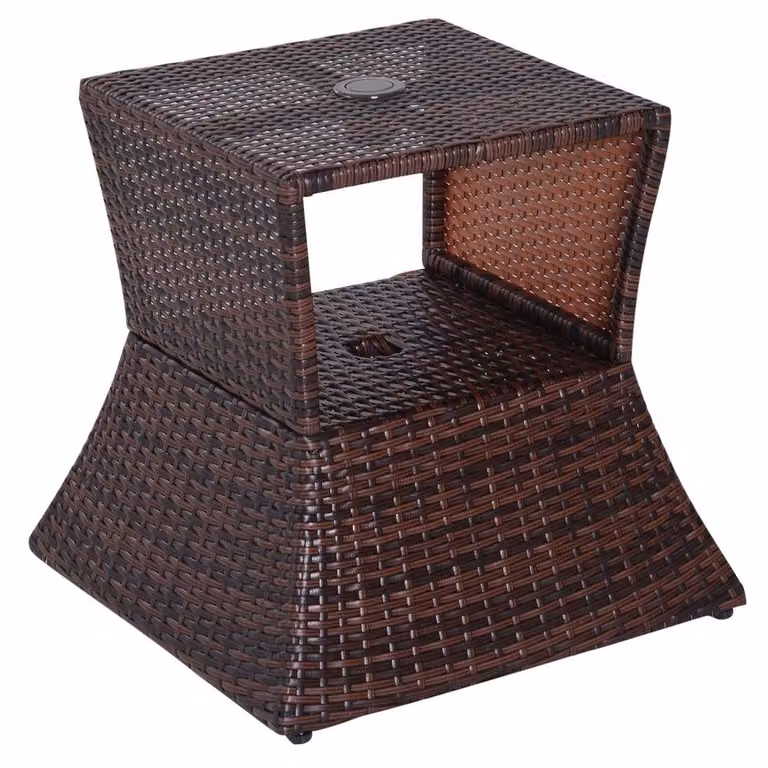 Wyld Haus Lekavi Brown Rattan Outdoor Coffee Table with Parasol Hole and Shelf