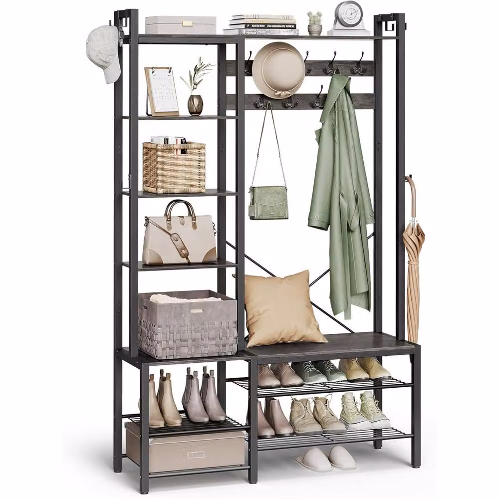 The Bazaarist Hall Tree Bench with Shoe Rack and Coat Hooks in Grey and Black – 2