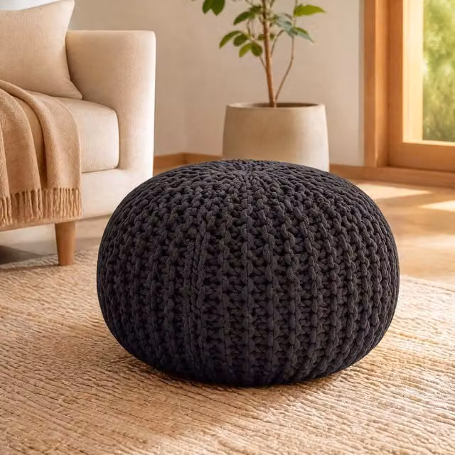 Bravich LTD Grey Chunky Knitted Cotton Round Pouffe Footstool, Diameter: 50 cm