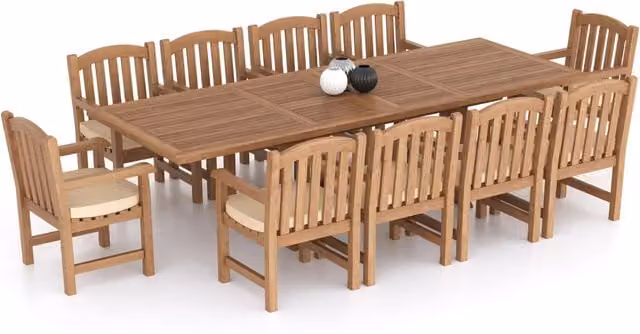 Eterna Teak Garden Dining Table and 10 Chair Set with Cream Cushions, W/D/H: 200 x 120 x 75 cm