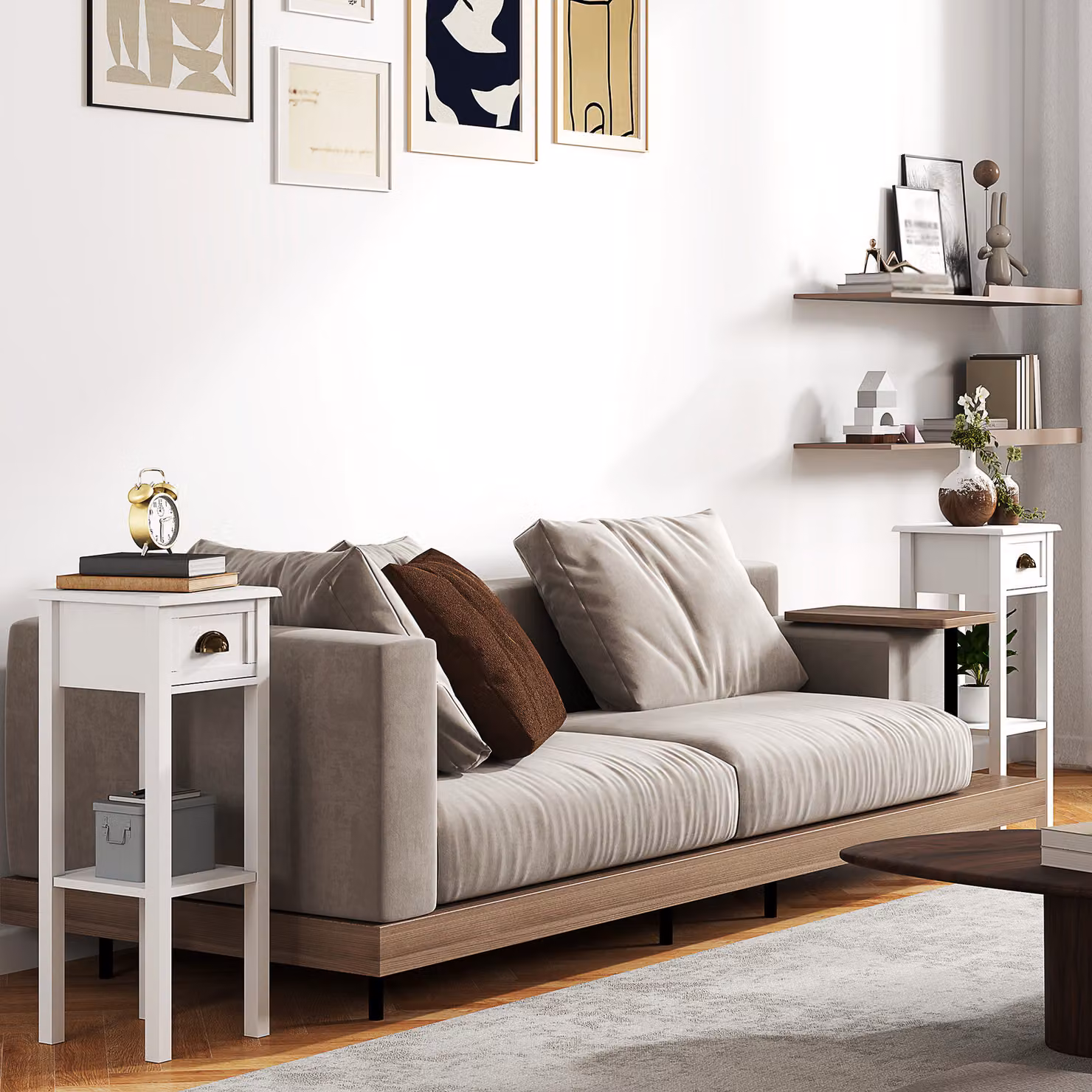 HOMCOM Set of 2 Modern 2-Tier Side Tables in White with Drawer and Shelf – 4