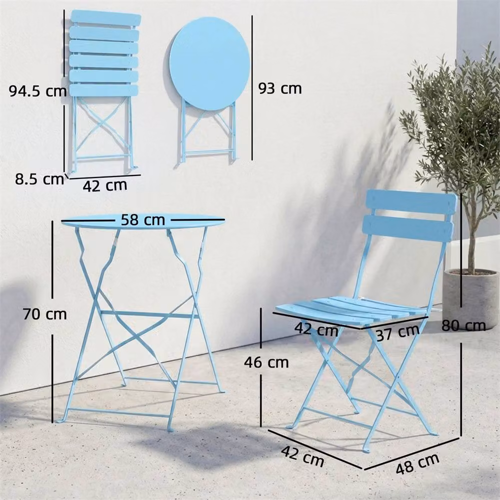 Outsunny Blue Metal Folding Garden Bistro Set for 3 Adults – 2