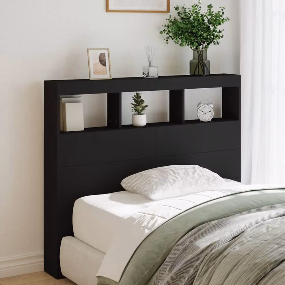 Berkfield Home Modern Black Headboard Cabinet with Integrated LED Lighting and USB Charging Port, W/D/H: 120 x 17 x 102 cm – 2