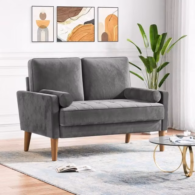 Dprodo Grey Velvet Love Seat Couch with 2 Scatter Cushions and Solid Wood Frame, Width: 121 cm
