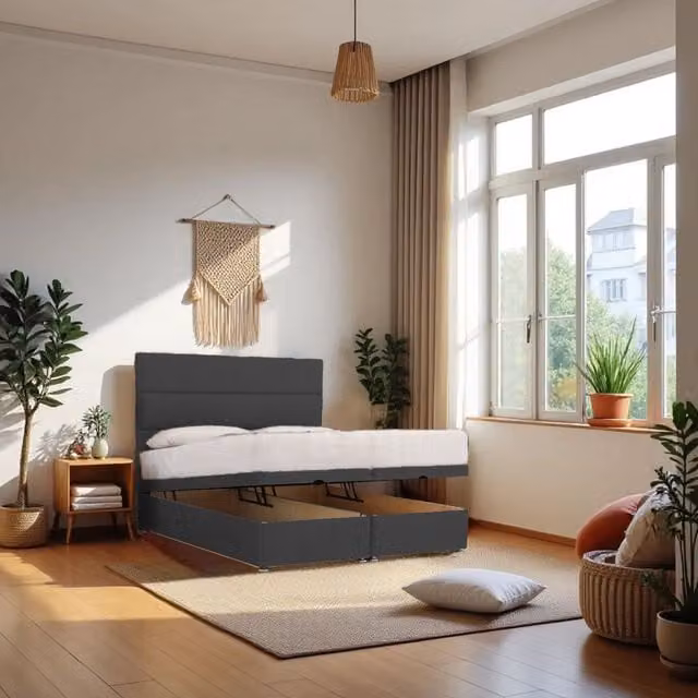Knight Sleep York End Opening Ottoman Bed with Orthopaedic Hybrid Mattress and 24 inch Headboard, Charcoal Grey, W/D/H: 180 x 200 cm