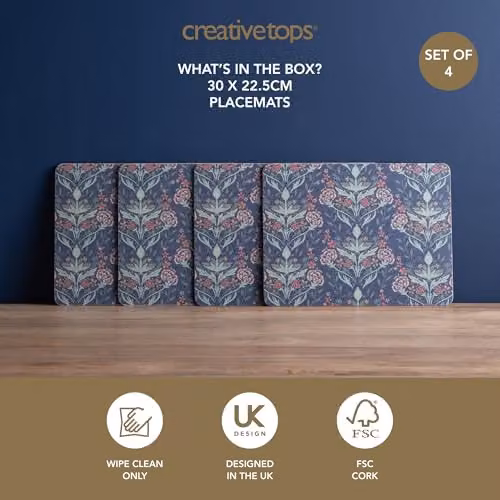 Creative Tops Set of 4 Blue Floral Art Nouveau Rectangular Placemats with Cork Backing, W: 30 cm, D: 22 cm, H: 1.5 cm – 3