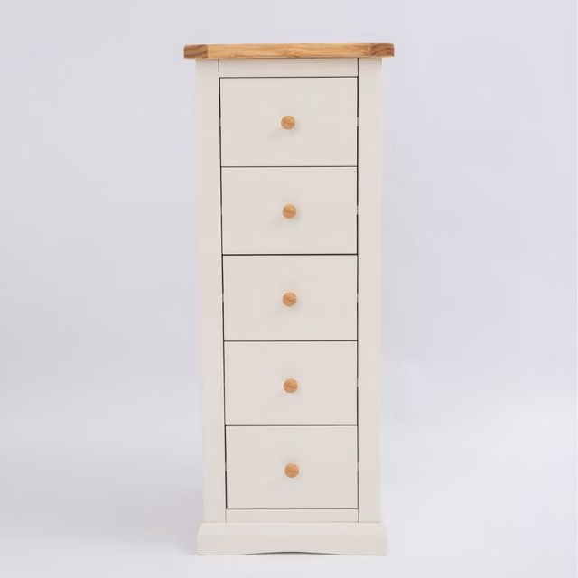Cabinet Bits Castelli 5 Drawer Narrow Chest of Drawers in Off-White Pine with Wood Knobs